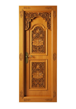 Hyperrealistic close-up of a monumental javanese golden teak door with deep padma bas-relief carvings and aged brass handle, high contrast lighting on white. Concept of opulent traditional