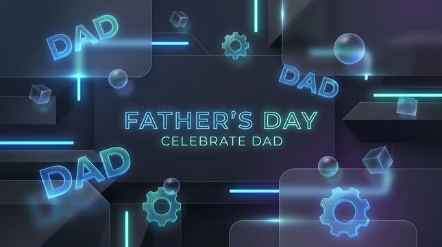 Futuristic Father's Day digital greeting, neon blue glowing text on dark geometric background, celebrate dad tech aesthetic with gears and spheres