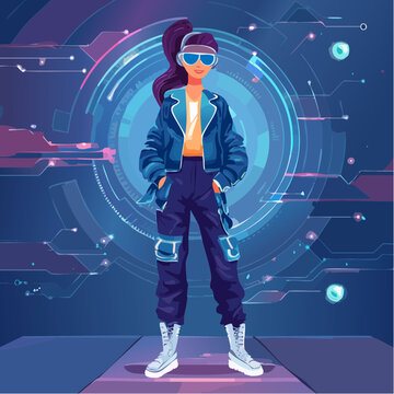 Stylish Young Woman Navigating a Futuristic Digital Metaverse with Advanced Virtual Reality Technology