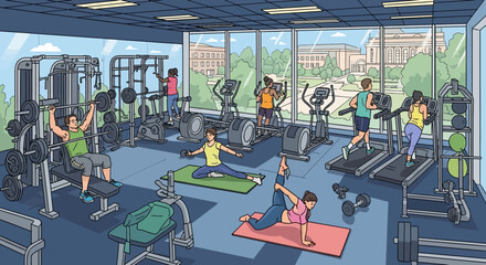Fototapeta premium Diverse group exercising in bright modern gym with cardio and weight machines, yoga mats