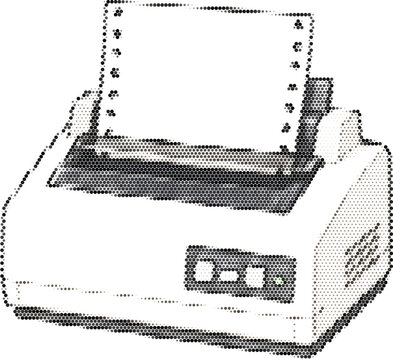 Halftone dotted vector retro printer fax machine in transparent grunge style with digital nostalgia
