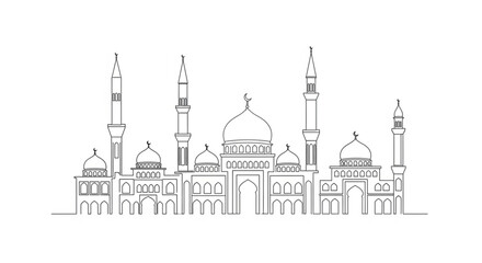 Vector Illustration of Islamic Mosque Architecture with Minarets and Domes for Religious, Cultural, and Architectural Themes © MstAnisa