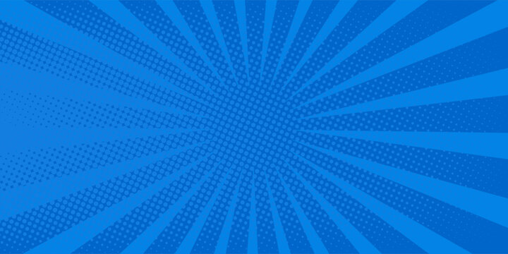 Pop art comic blue background with halftone, rays, gradient. Vector cartoon illustration in retro style. Design for comic book, poster, banner