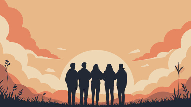 Five friends in silhouette against a sunset sky with clouds and grass