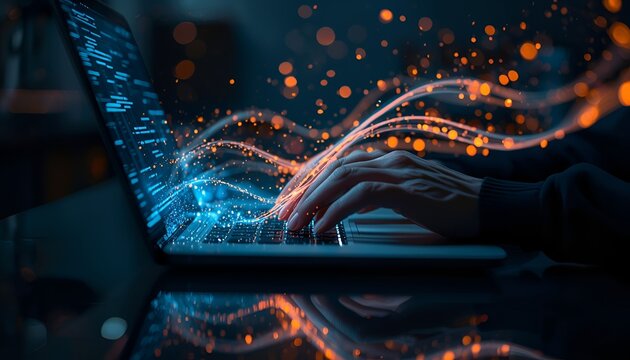 Person typing on laptop with glowing blue screen and orange energy waves flowing from keyboard in dark room