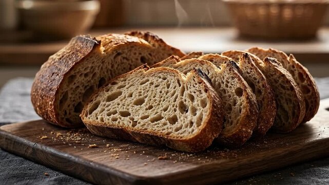 Freshly Baked Sourdough Bread Sliced on a Wooden Cutting Board, Steaming Gently