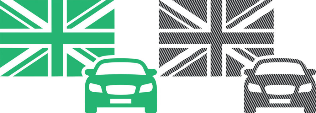 United Kingdom flag and car illustration vector, british vehicle symbol isolated.