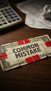 One dollar bill with "COMMON MISTAKE" text repaired with red tape next to calculator and crumpled paper