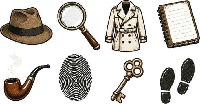 Halftone vector detective icons set with retro grunge style and transparent background: magnifying glass, fingerprint, footprints, key, hat, investigator suit