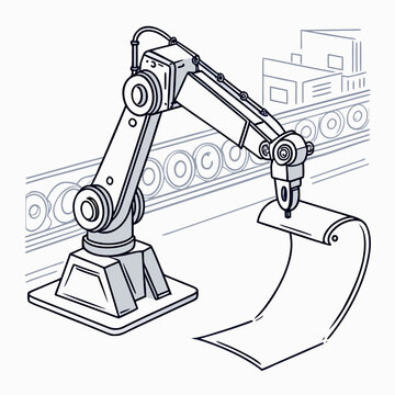 Hand drawn industrial robotic arm handling large sheet material on factory production conveyor line with industrial automation manufacturing production conveyor handling material illustration