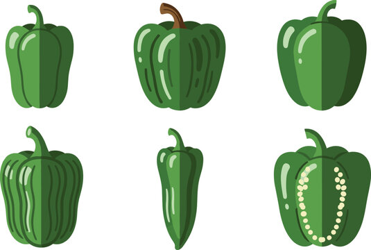 Green Bell Pepper Set with Various Shapes and Details for Food, Cooking, and Ingredient Illustration Designs