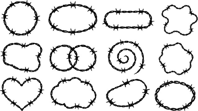 Halftone vector dotted retro grunge barbed wire shapes with transparent background for trendy design