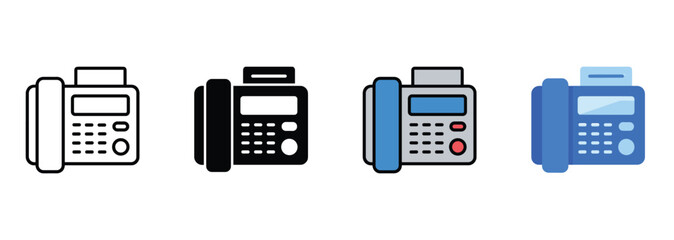 Fototapeta premium Fax machine icon set for office communication and document transmission outline, solid and color styles, white background