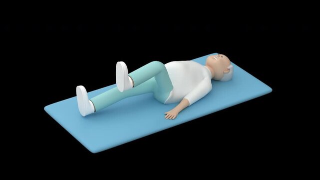Elderly man doing core exercises on a mat, 3d render with alpha channel