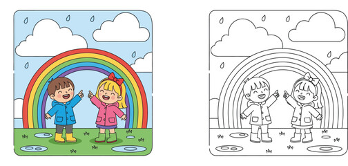 Naklejka premium Happy Boy and Girl in Raincoats Pointing at Rainbow after Rain Vector Illustration with Black and White Line Art Coloring Page for Kids Activities and Education