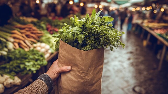 Awesome photo of close-up of a person holding a paper bag filled with fresh green herbs at an outdoor market.