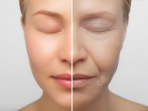 Young woman shows effects of aging on one half of the face in split view