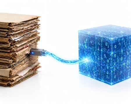 Digital transformation concept showing paper documents converting into data. This represents the process of digitizing physical archives for cloud storage. Stack of papers connects to a digital cube