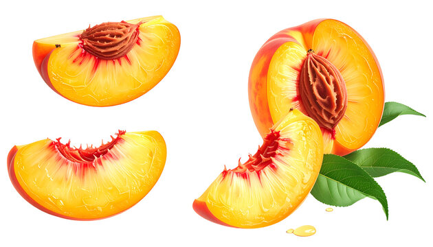 Vibrant peach slices, a half-peach, pit exposed, with green leaves, on a black backdrop