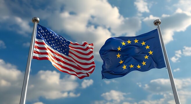 American and EU flags on tall poles wallpaper