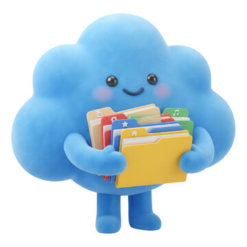 Cute cartoon blue cloud character holding document folders isolated on transparent background
