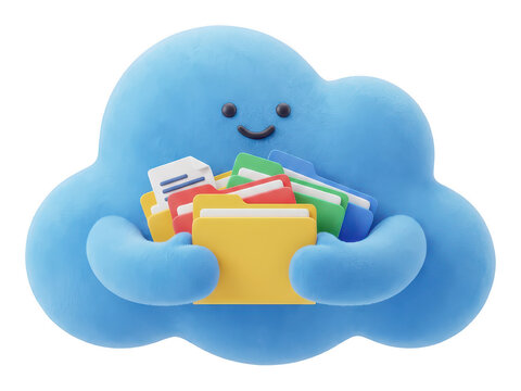 Cute blue cloud character holding document folders isolated on transparent background