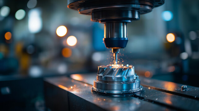 High speed CNC machining center milling turbine blades on a five axis fixture in a bright industrial manufacturing setting