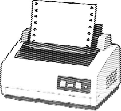 Halftone vector dotted retro grunge transparent fax machine or printer design with paper sheet