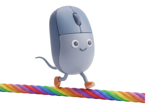Cute cartoon computer mouse character walking on a rainbow rope isolated on transparent background