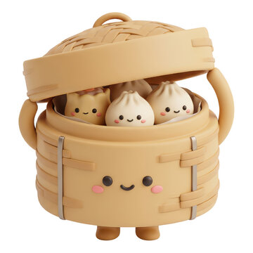 Cute cartoon dim sum steamer basket with happy dumplings isolated on transparent background