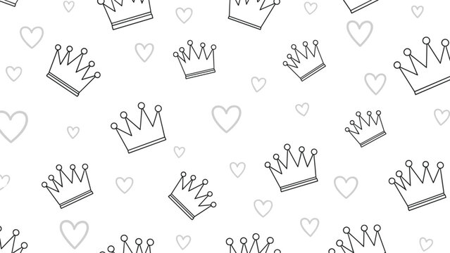 Elegant seamless pattern showcasing scattered outline crowns and delicate grey hearts, creating a regal and charming design on a clean white background.
