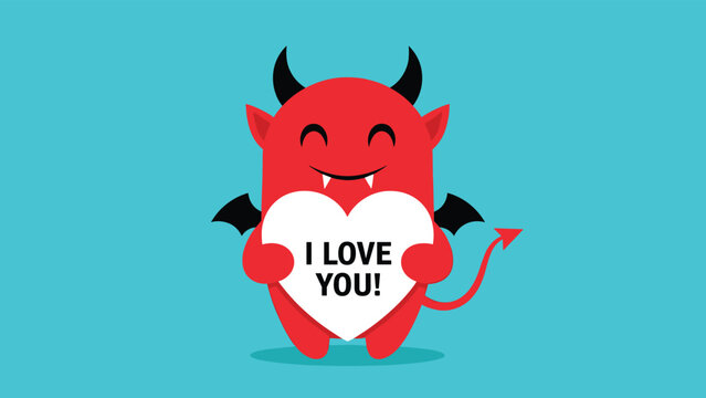 Playful illustration of a cute cartoon red devil character with horns and wings, holding a white heart proclaiming "I LOVE YOU!" on a vibrant turquoise background.