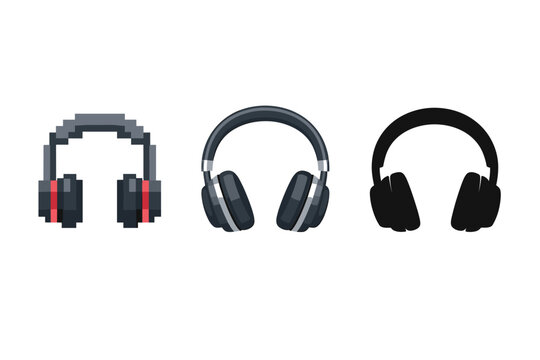 Evolution of headphone design featuring three distinct styles: a retro pixelated version, a sleek modern realistic illustration, and a clean black silhouette, perfect for audio and tech themes.