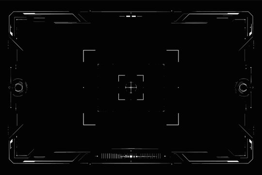 Futuristic Video Camera Viewfinder Overlay HUD Interface with Crosshair and Digital Framing Elements for Sci-Fi Film Production, Surveillance Screen, and High-Tech Broadcast Recording Template