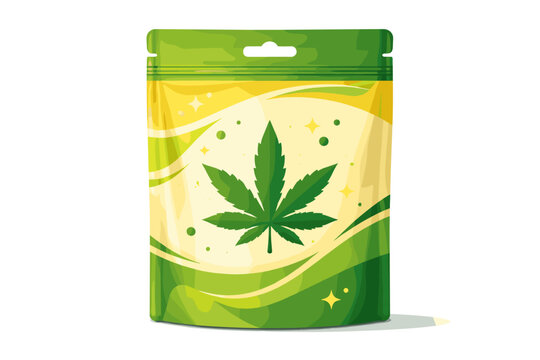 Vector illustration of a green and yellow stand-up pouch for cannabis products, featuring a marijuana leaf symbol. Packaging design for medical or recreational marijuana edibles and hemp.