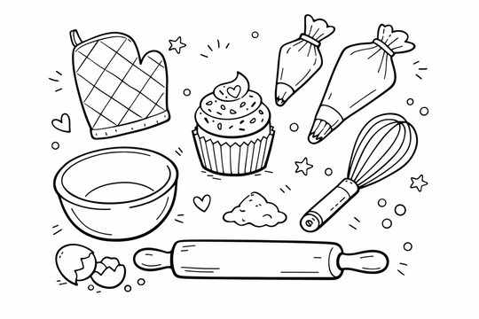 Hand Drawn Line Art Doodle of Baking Tools and Cupcake Featuring Oven Mitt, Whisk, Rolling Pin, Mixing Bowl, Piping Bags, and Cracked Egg for Coloring Book Page or Kitchen Decor Illustration