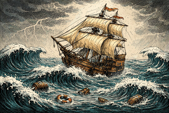 Vintage vector illustration of a classic sailing ship navigating a treacherous storm at sea with massive crashing waves, lightning, and floating debris like barrels and a lifebuoy in woodcut style.