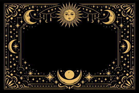Golden Celestial Tarot Card Frame with Mystical Sun, Moon, and Stars. Vintage Occult Border with Esoteric Symbols for Astrology, Magic, and Spiritual Design. Ornate Gold Vector Illustration.