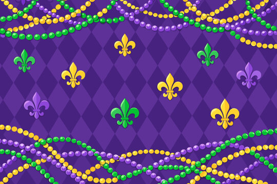 Mardi Gras Festive Carnival Background with Purple Harlequin Diamond Pattern, Colorful Green Gold and Purple Beads Necklaces, and Fleur-de-lis Symbols for Fat Tuesday Celebration Party Decor
