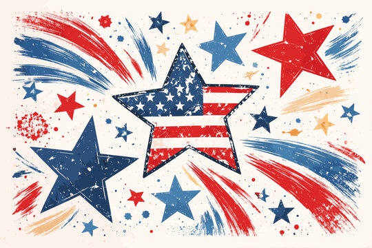 Grunge Patriotic Stars and Stripes Illustration for Independence Day, 4th of July, and Presidents Day. Hand Drawn Vintage American Flag Elements with Red and Blue Brush Strokes and Splatters.