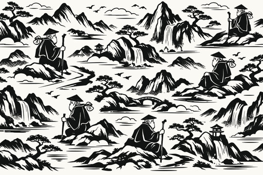 Seamless vector pattern of traditional East Asian landscape with old monks, mountains, waterfalls, and bonsai pine trees in a black and white ink wash sumi-e style for wallpaper and textile.