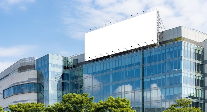 Modern building exterior with blank billboard against blue sky