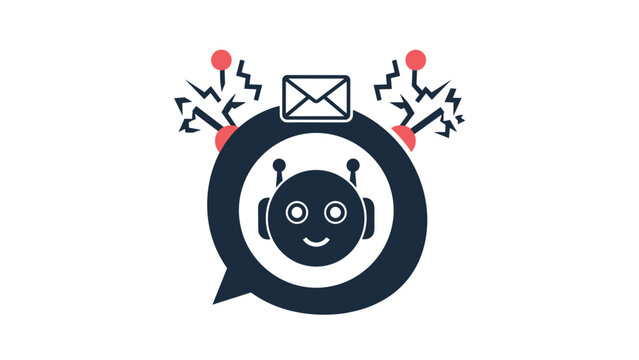 Modern robot chatbot icon, depicted with a friendly smiling face, an envelope symbolizing messages, and abstract digital signals indicating communication.