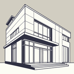 Fototapeta premium Modern minimalist two-story house architecture line art illustration with large glass and entrance stairs architecture building minimalist illustration exterior residence structure entrance