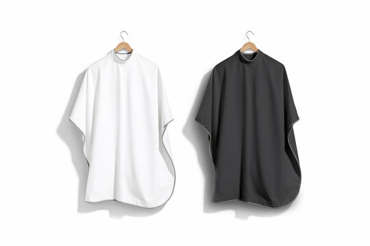 Blank black and white salon cape hanging on hanger mockup, ai generated. Empty water-resistant stylist apparel for hair coloring mock up, isolated. Clear salons gown or towel for barbershop template.