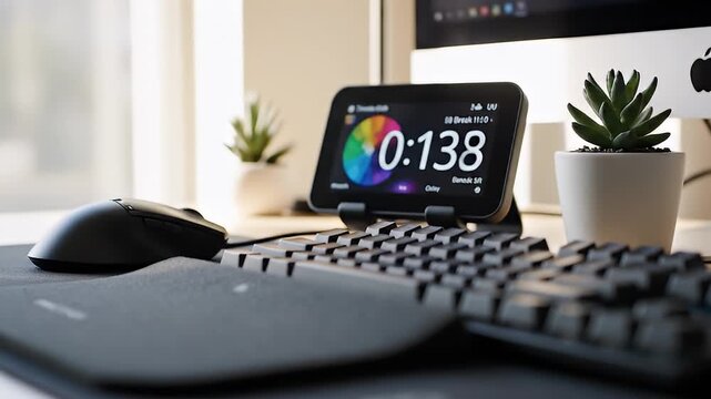 Close-up of a modern computer keyboard mouse and a small digital display on a desk with natural light