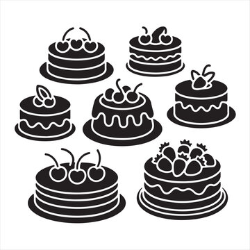 Vector illustration of a cute cartoon set of delicious birthday cakes and cupcakes with chocolate, cream, and cherry decorations for a sweet bakery party dessert pattern