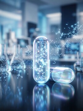 A glowing pharmaceutical capsule stands upright on a reflective lab surface surrounded by abstract floating digital molecular structures