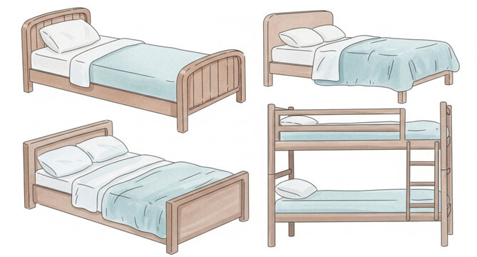 Watercolor bed set isolated elements single double bunk beds vector illustration cozy furniture design on white background
