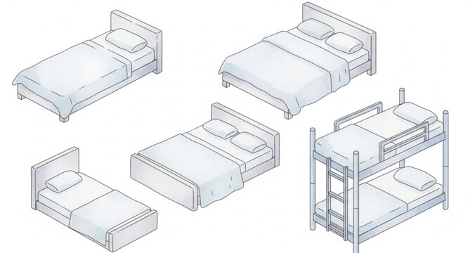 Isometric watercolor bed set vector illustration single double bunk beds furniture isolated on white